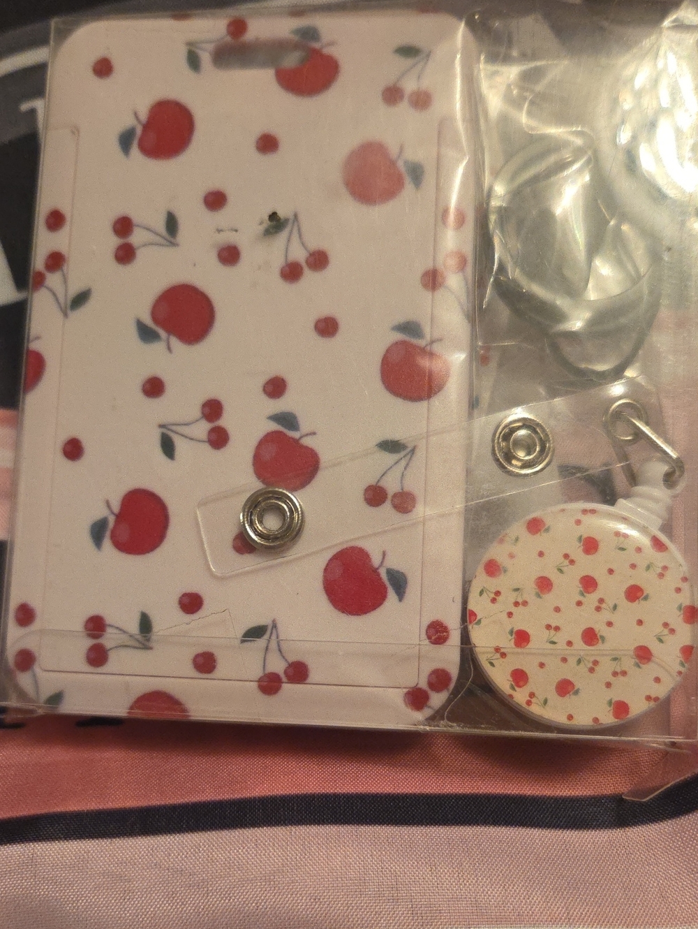 Cherry Print ID Card Holder with Retractable Reel - White/Red